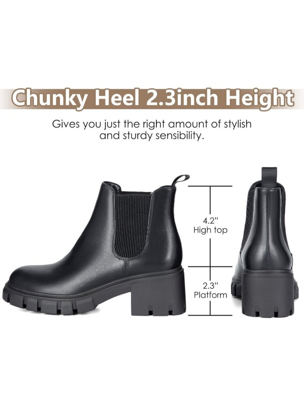Women's Chelsea Boots Fashion Lug Sole Chunky Heel Slip Ankle Booties Black - Picture 3 of 6